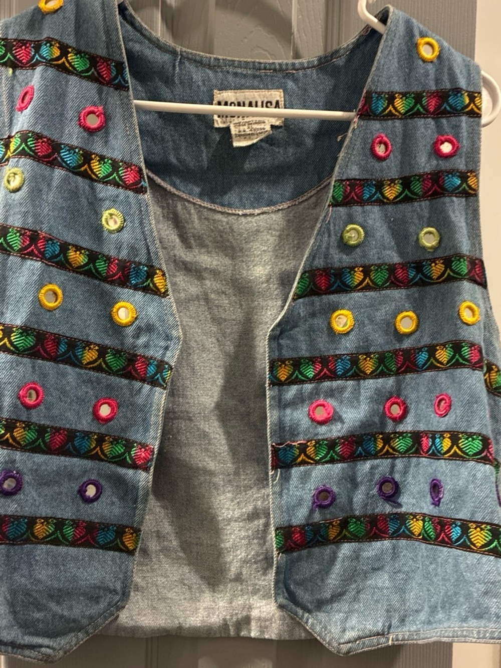 MONA LISA Light Blue Denim Embroidered Vest with Multicolor Accents